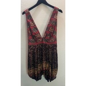 Free People Mini Dress Womens M Red Black NWT Boho Lace Up Back Mixed Print